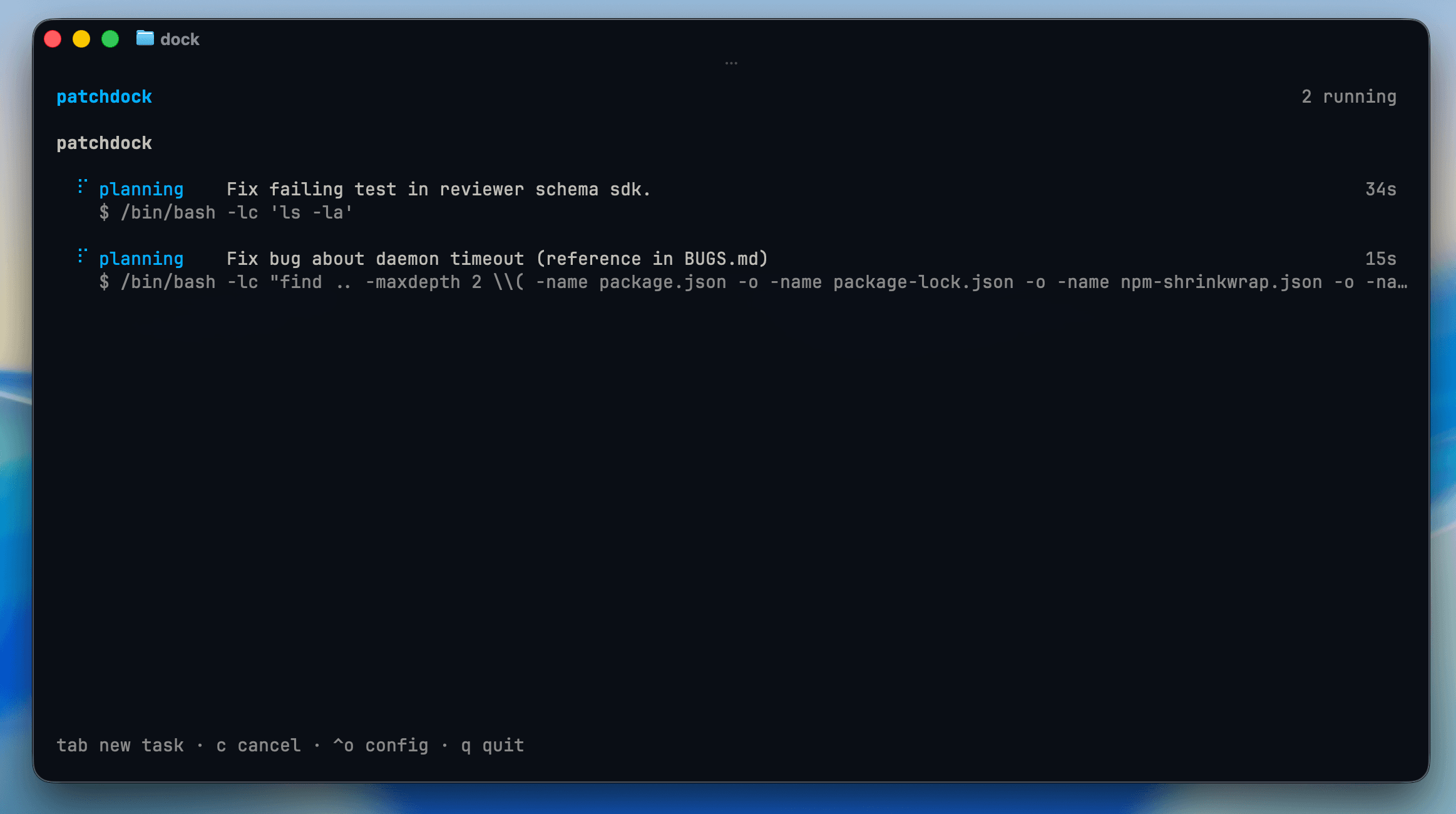 The dock main window listing runs and their current progress