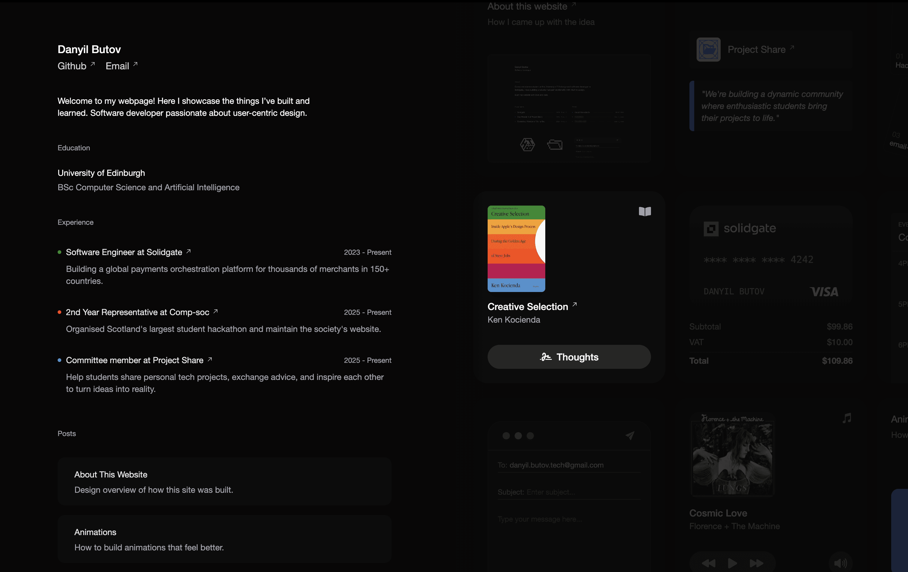 The previous version of this site: a dark, widget-based layout with cards for work, books, and music